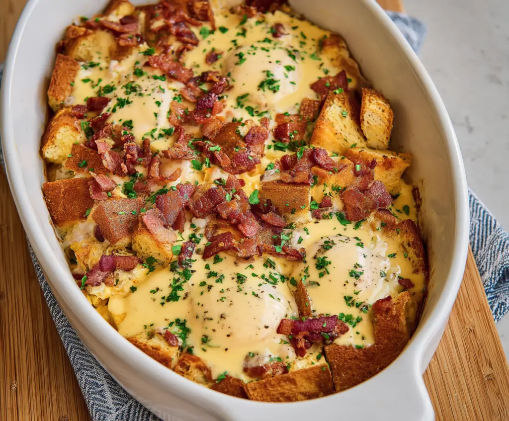 Delicious Eggs Benedict Casserole served for breakfast with poached eggs and hollandaise sauce.