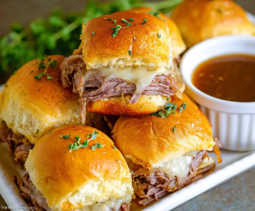Delicious French Dip Sliders with tender roast beef and melted cheese in mini sandwich buns.