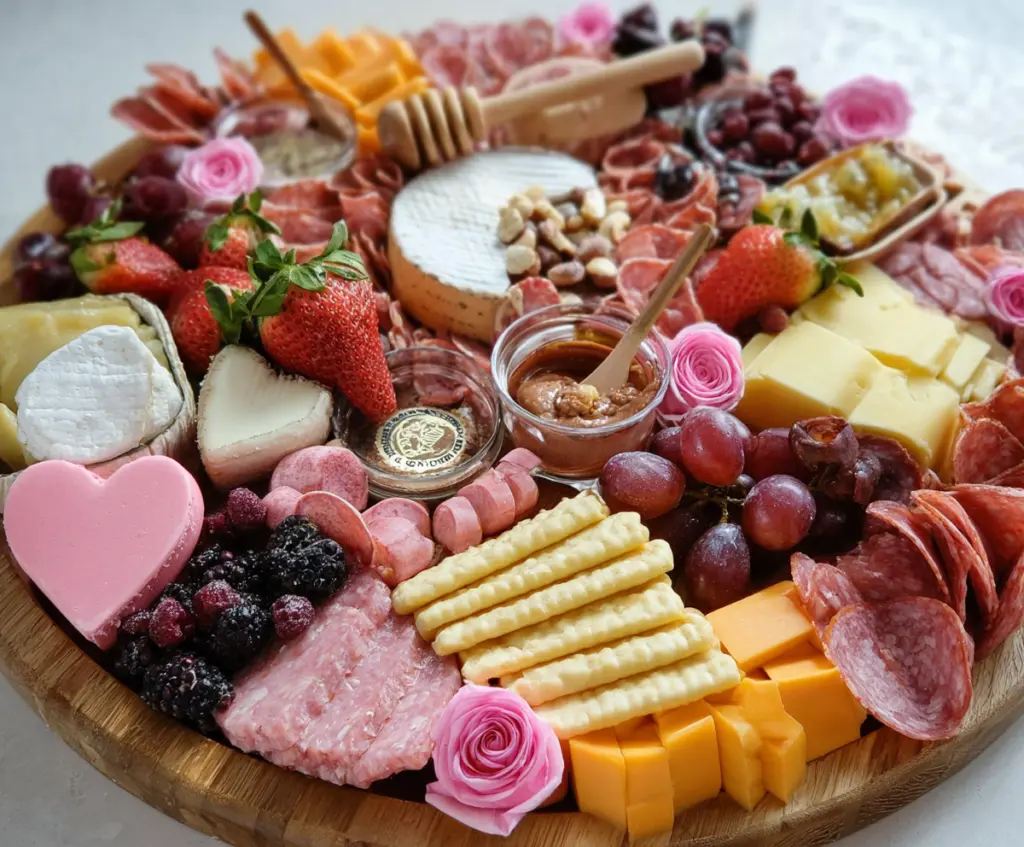 Colorful Galentine’s Day charcuterie board with cheeses, fruits, and crackers for a festive celebration.