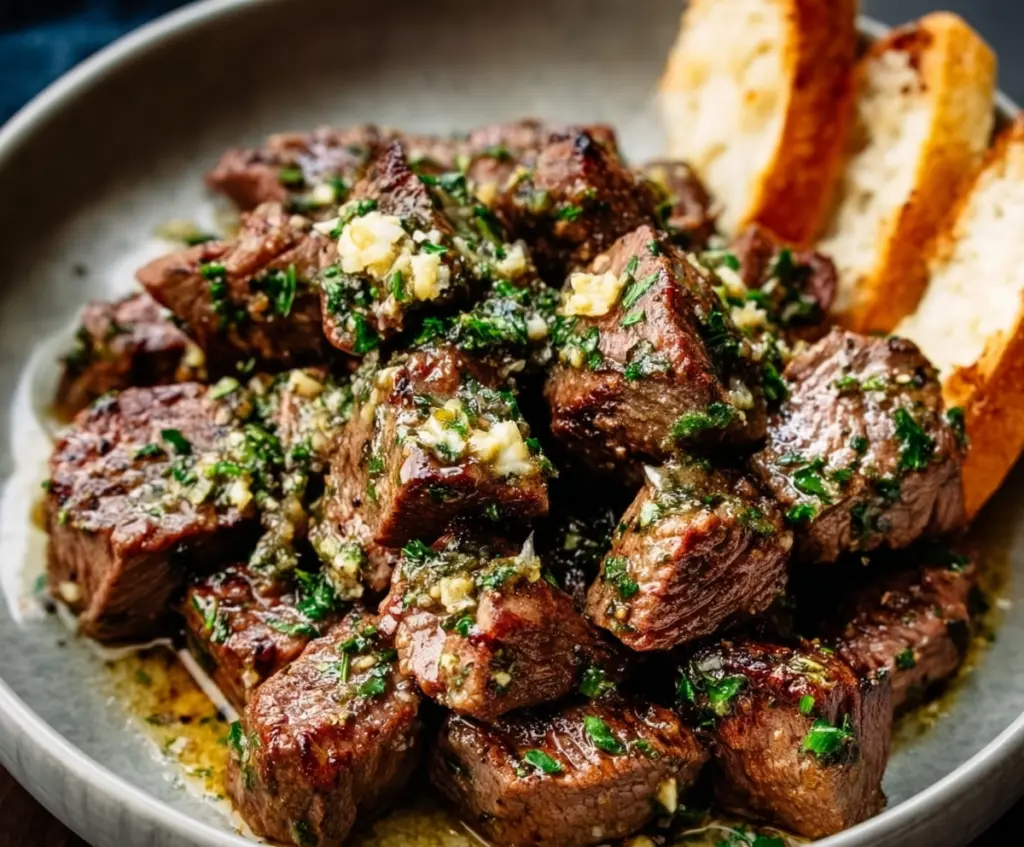 Juicy garlic butter steak bites served on a plate, perfect for a savory appetizer or main dish.