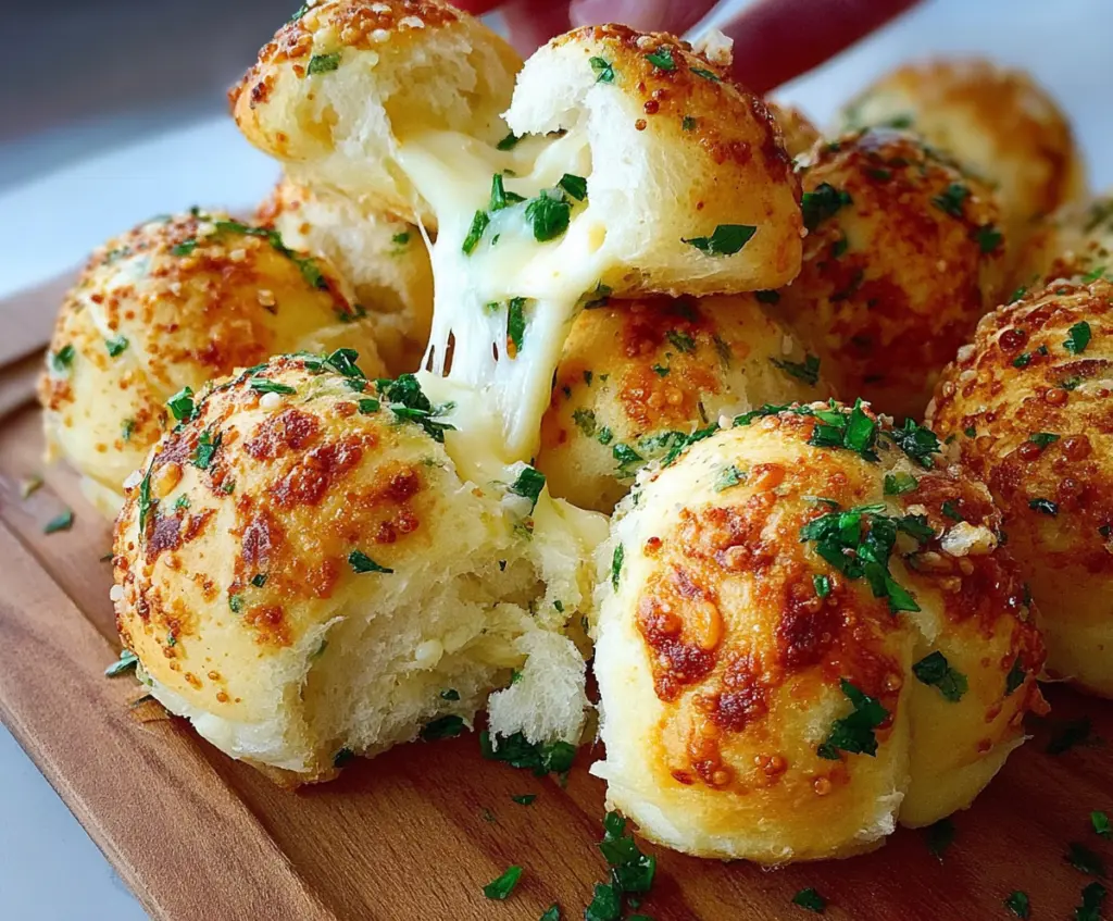 Delicious garlic cheese bombs with melted cheese and golden-brown crust ready to enjoy.