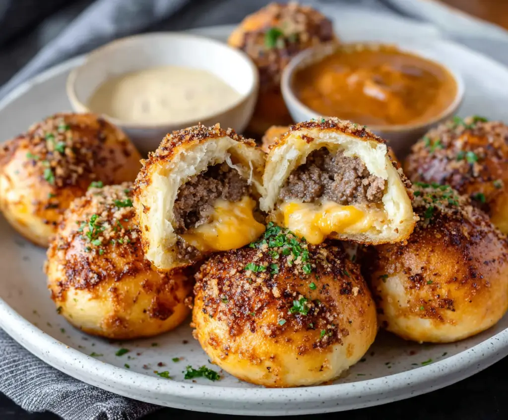 Golden Garlic Parmesan Cheeseburger Bombs with melted cheese and crispy exterior on a white plate.