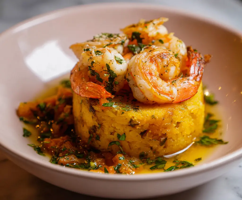 Delicious Garlic Shrimp Mofongo served on a plate, showcasing tender shrimp mixed with flavorful mofongo made from fried plantains and garlic.