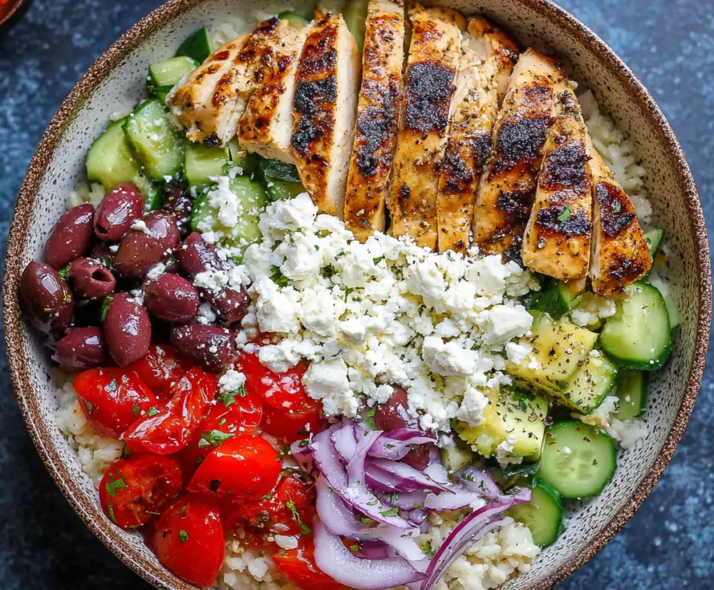 Delicious Greek Chicken Bowl with fresh vegetables and herbs, perfect for a healthy meal.