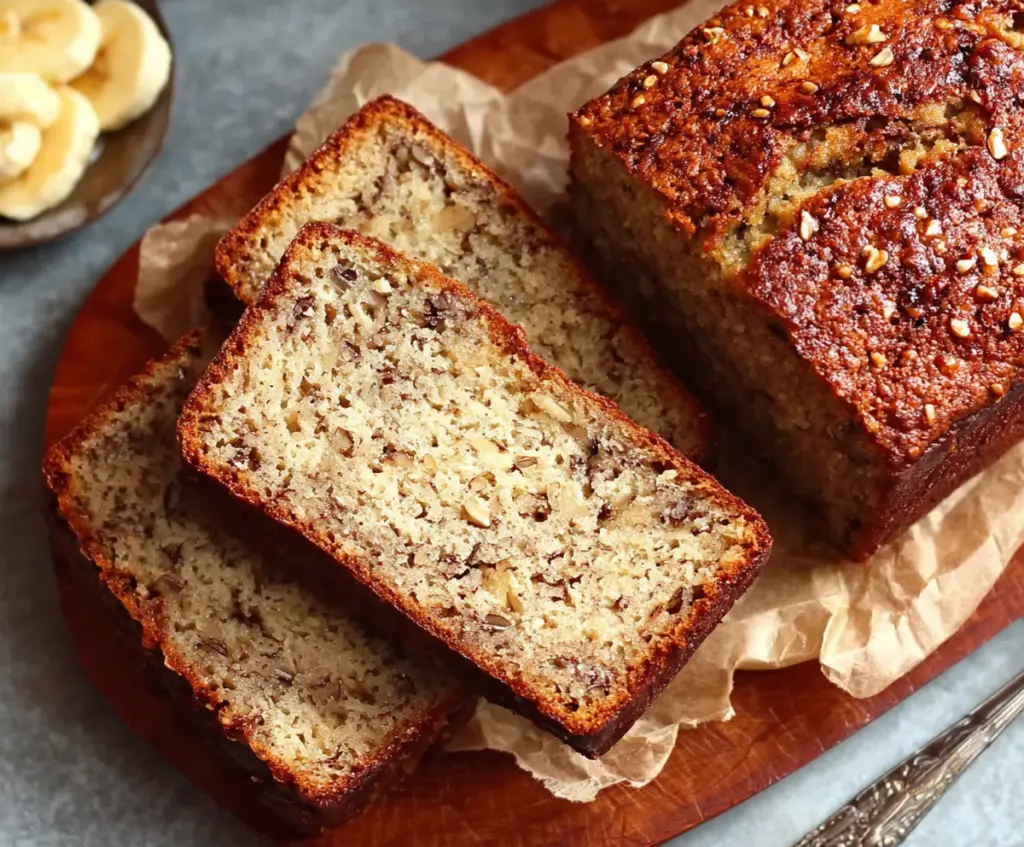Delicious homemade Greek yogurt banana bread sliced and ready to serve