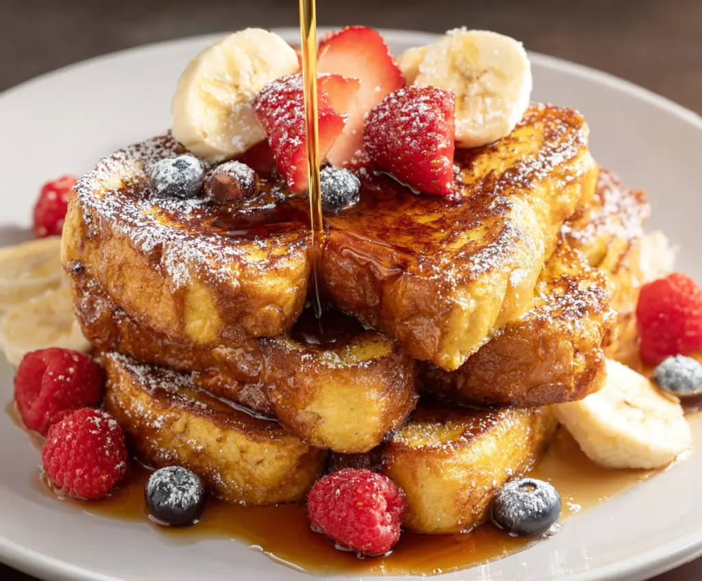 Delicious Hawaiian roll French toast topped with fresh berries and syrup