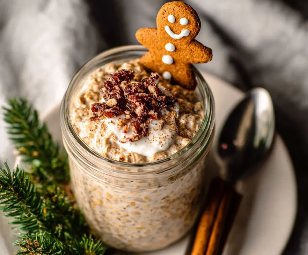 Delicious high protein gingerbread overnight oats topped with festive spices and whipped yogurt