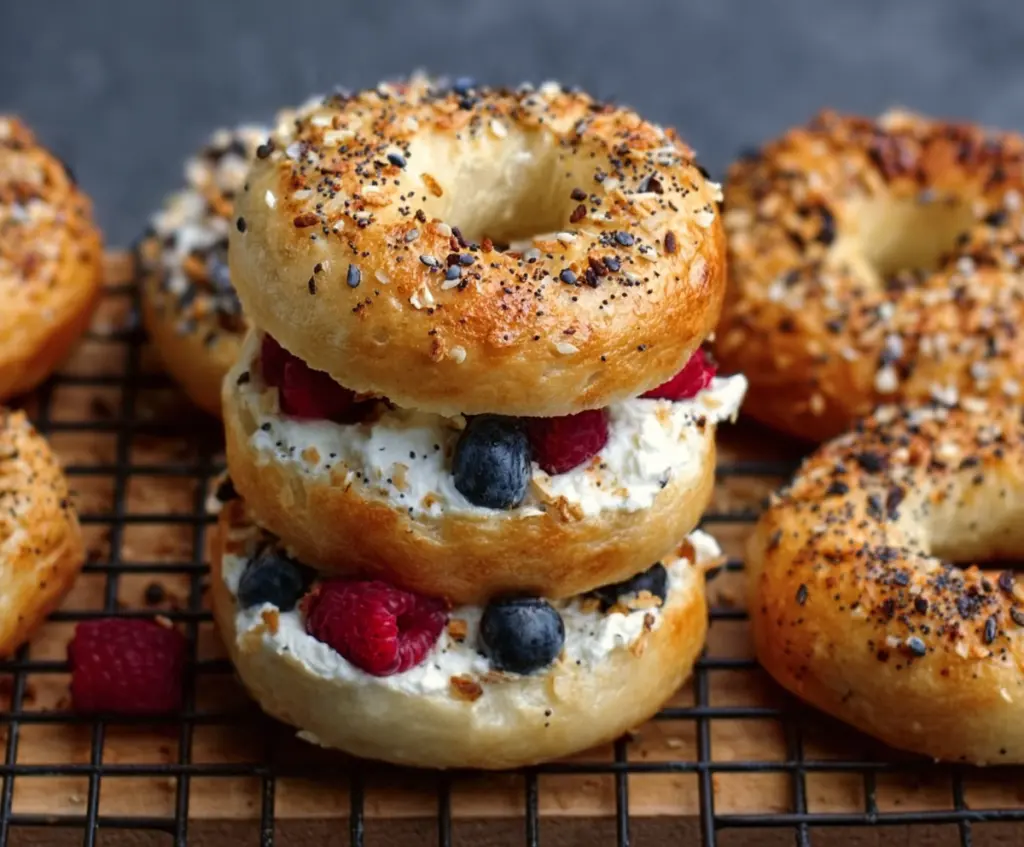 Delicious high-protein Greek yogurt bagels topped with seeds on a white plate.