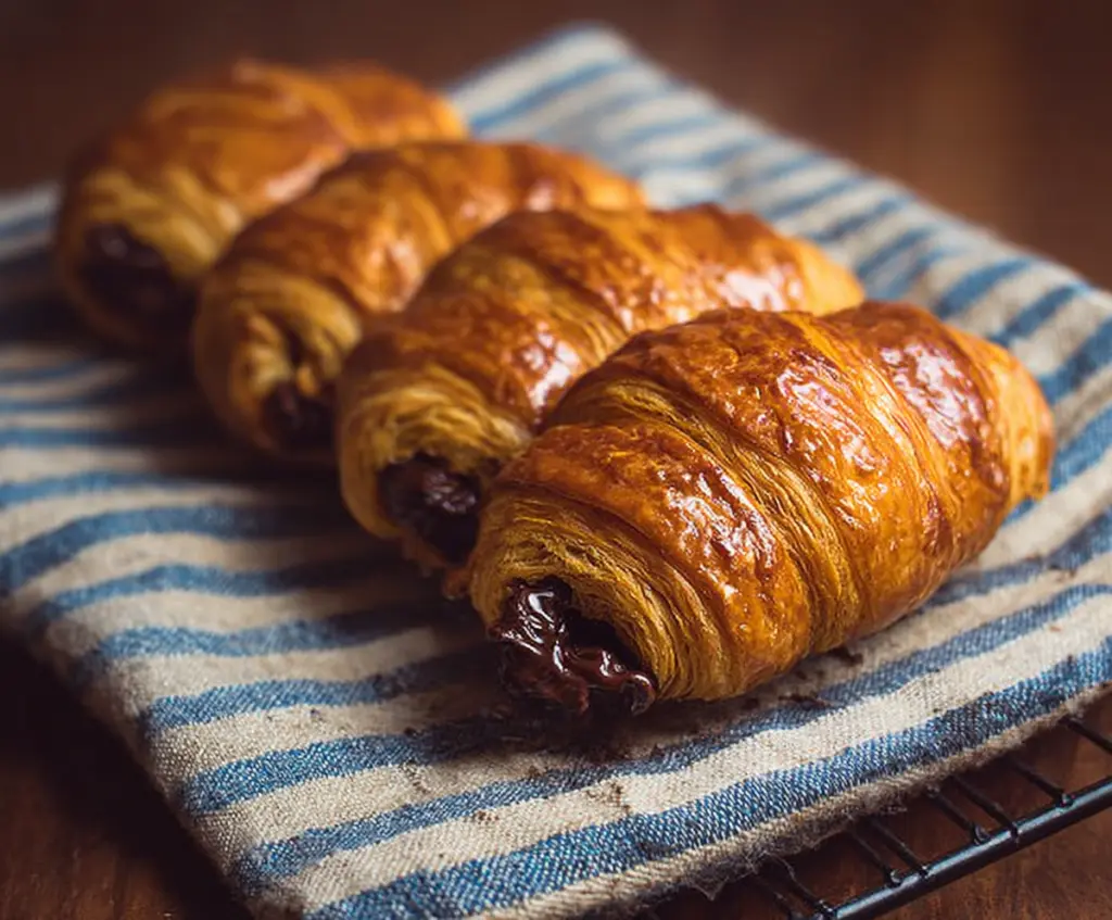 Delicious homemade chocolate croissants with flaky golden pastry and rich chocolate filling.