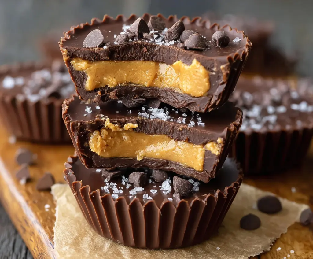 Delicious homemade Reese's peanut butter cups on a white plate, showcasing a rich chocolate exterior with creamy peanut butter filling.