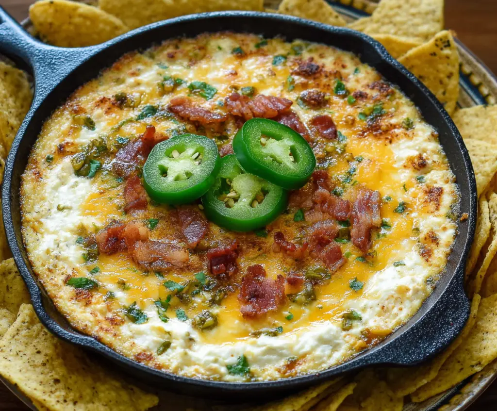 Creamy Jalapeno Popper Dip with melted cheese and chopped jalapenos served in a bowl.
