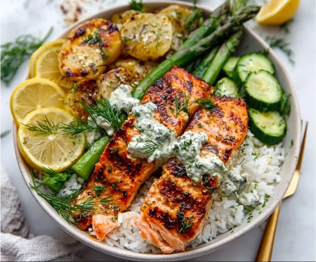 Fresh Lemon Dill Salmon Bowl with roasted vegetables and quinoa for a healthy meal