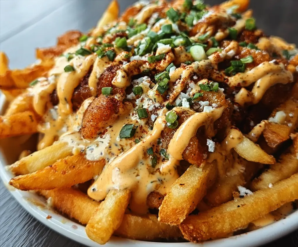 Delicious Louisiana Voodoo Fries topped with spicy sauce and crispy garnishes, served on a plate.