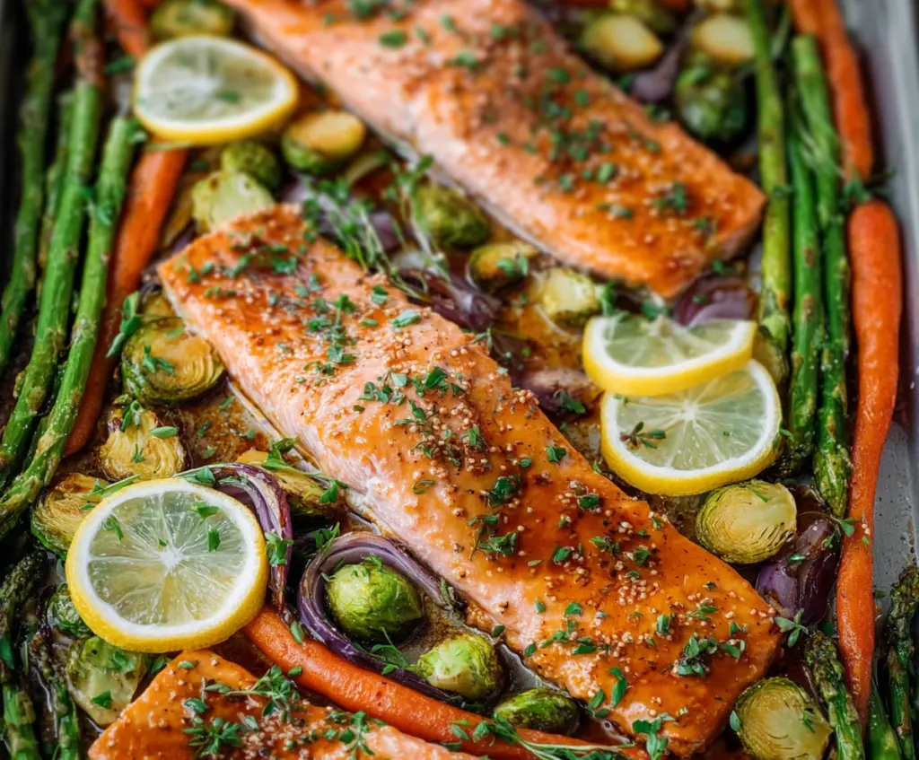 Delicious maple glazed sheet pan salmon served with fresh herbs and vegetables.
