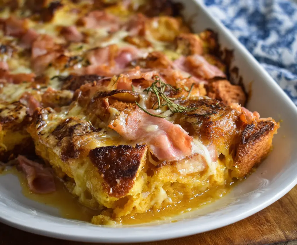 Delicious Monte Cristo Breakfast Casserole with melted cheese and crispy bread topping.