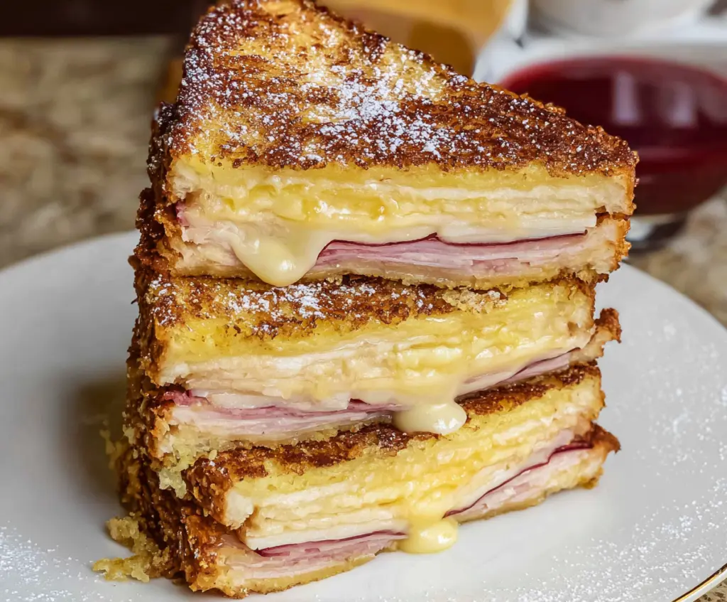 Delicious Monte Cristo Sandwich with grilled ham, turkey, and melted cheese on toasted bread