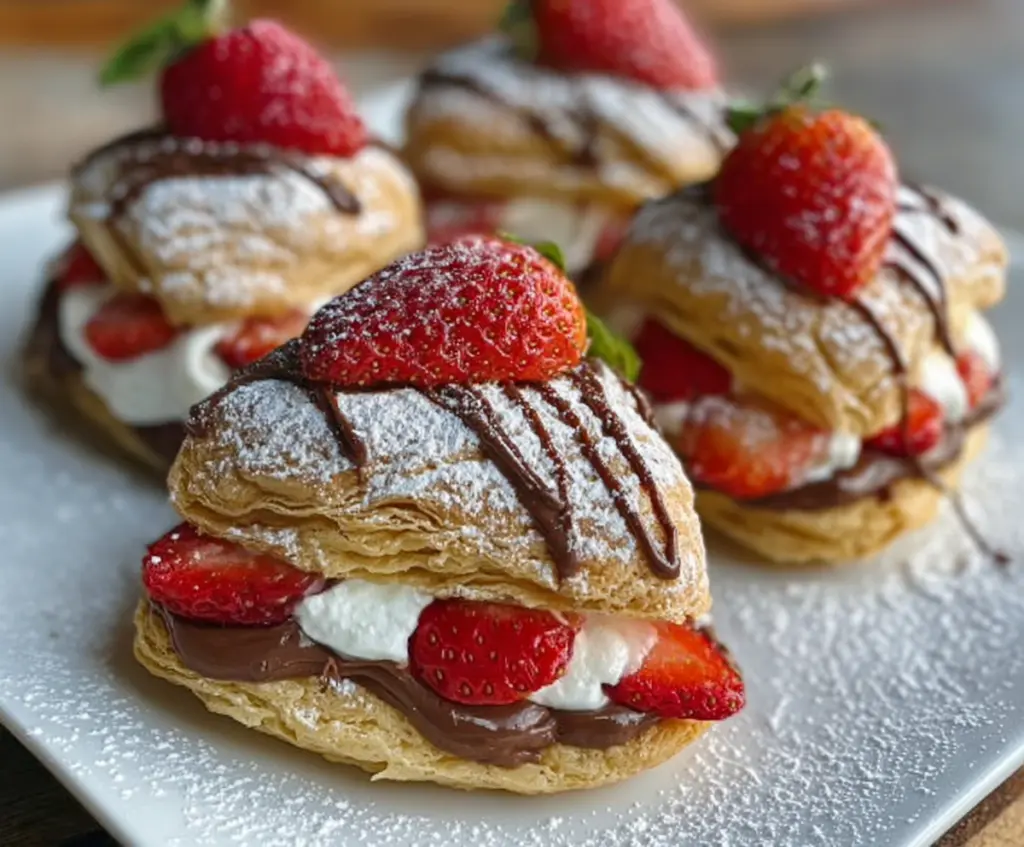 Nutella strawberry cream puffs on a plate with fresh strawberries and powdered sugar
