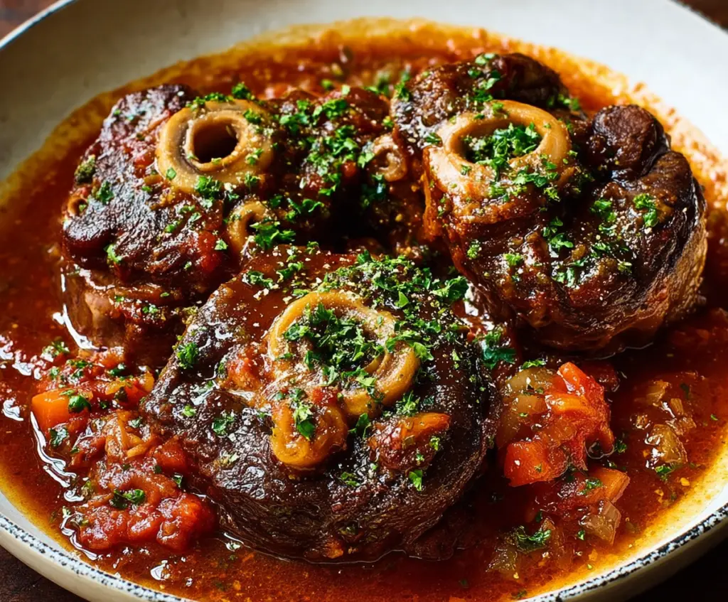 Delicious Osso Buco veal shank dish with rich tomato sauce and garnished herbs