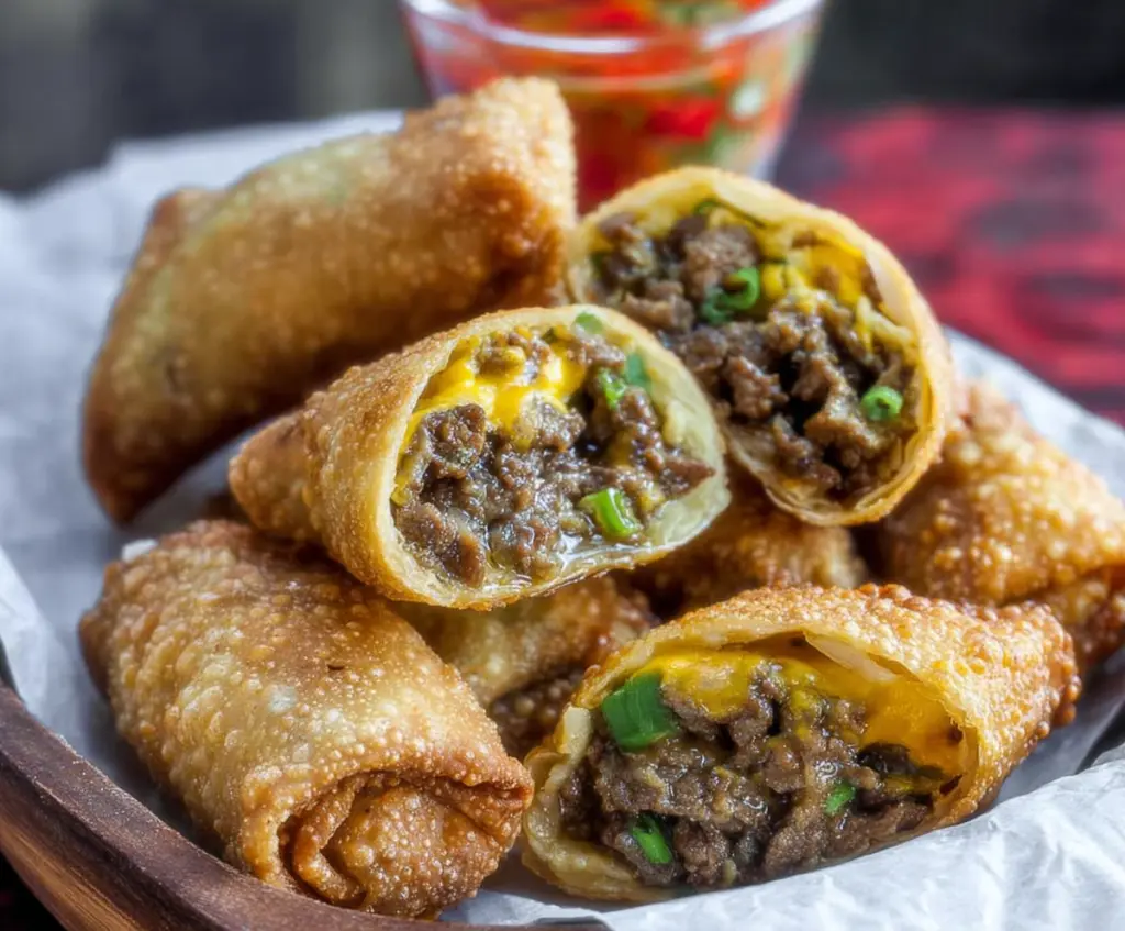 Delicious Philly Cheesesteak Egg Rolls filled with melted cheese, thinly sliced steak, and savory peppers.