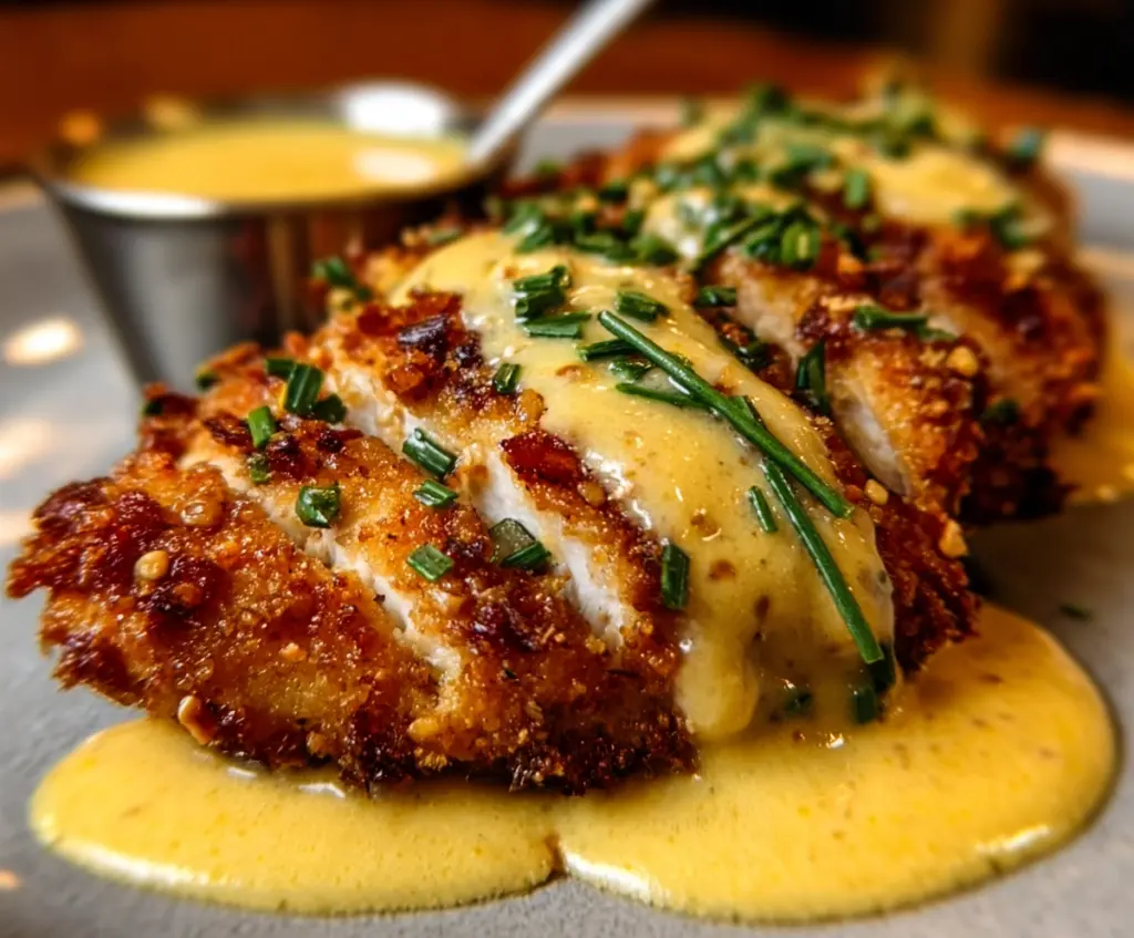 Crispy Pretzel Chicken served with warm Mustard-Cheddar Sauce for a savory meal.