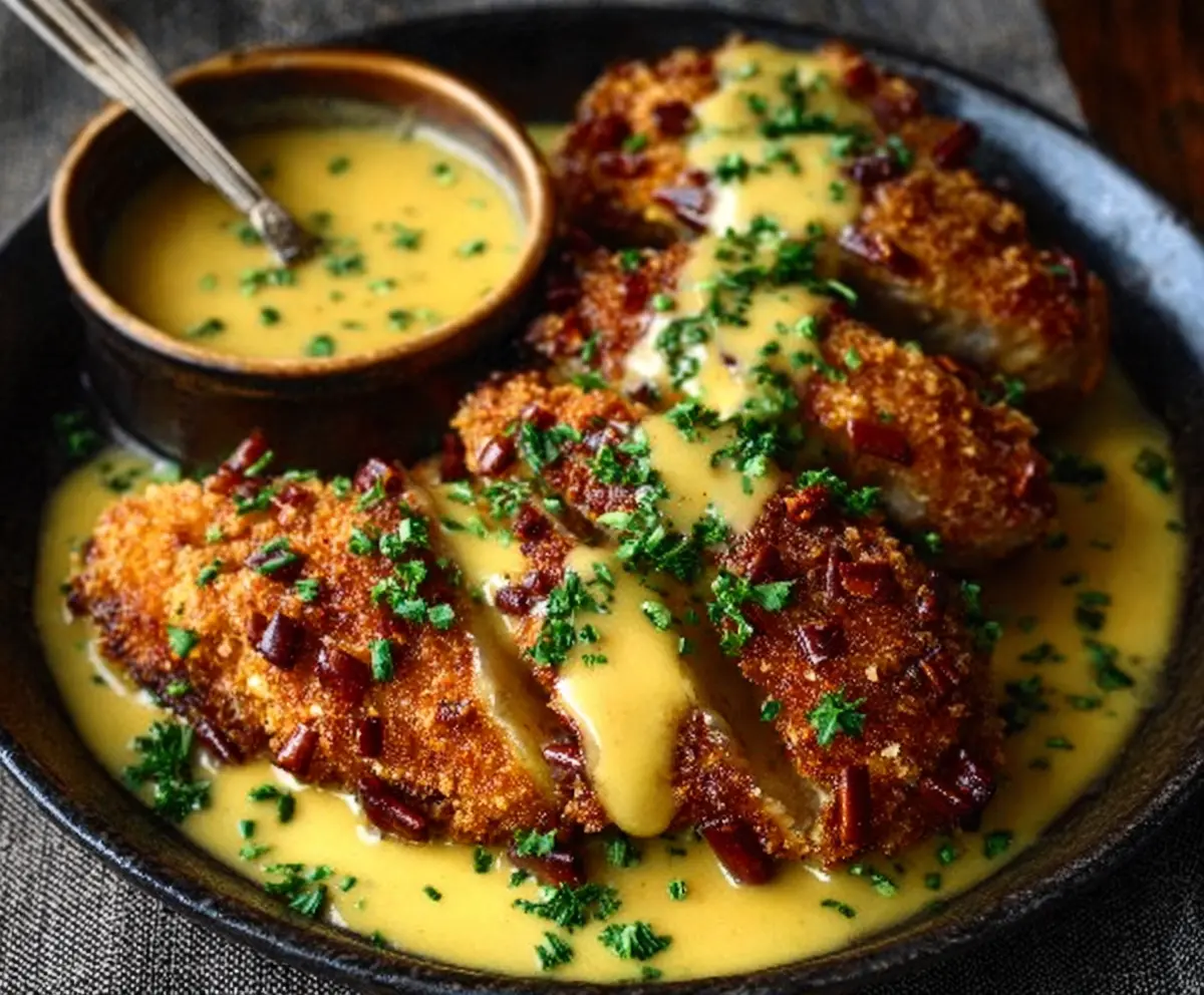 Easy Pretzel Chicken with Mustard-Cheddar Sauce