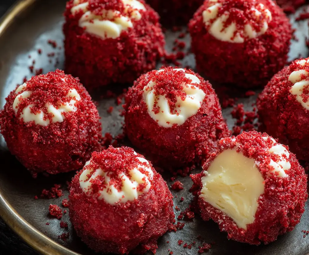 Delicious Red Velvet Cheesecake Bites with creamy topping and vibrant red color