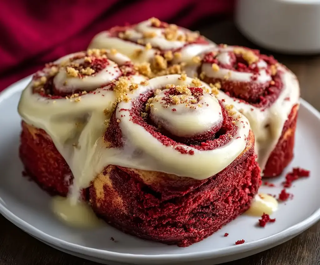 Delicious red velvet cinnamon rolls topped with cream cheese frosting on a decorative plate.