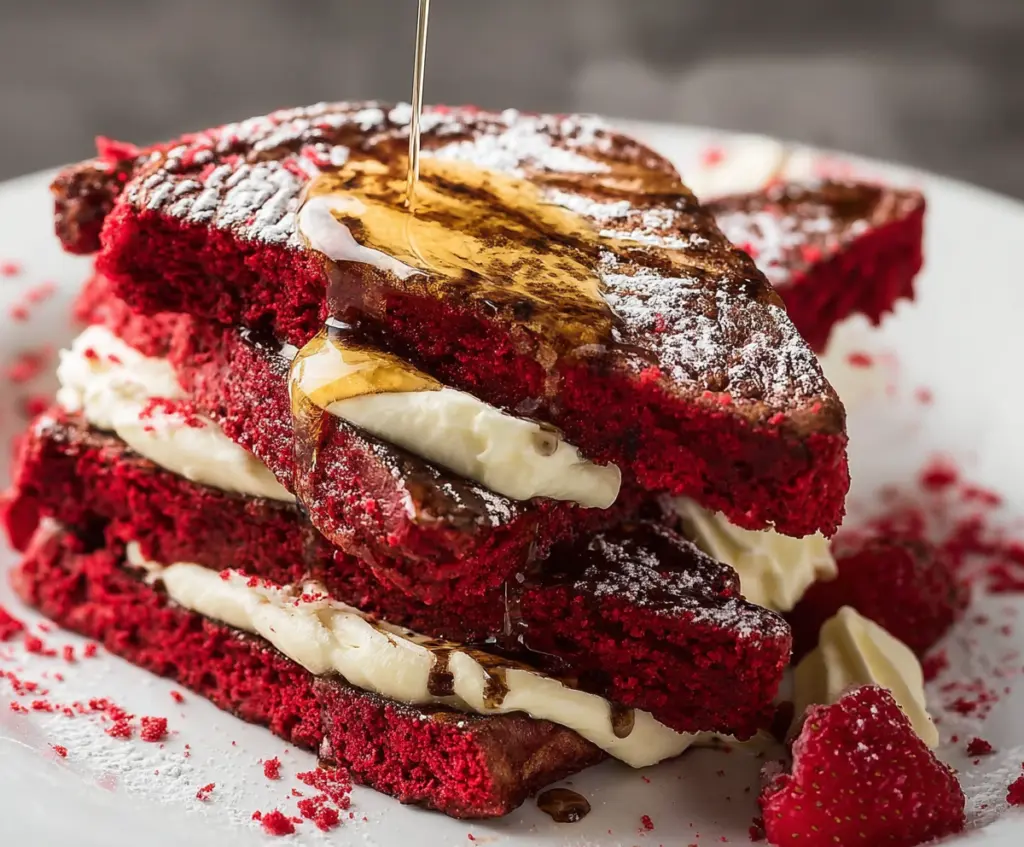 Delicious red velvet French toast topped with cream cheese frosting and fresh strawberries
