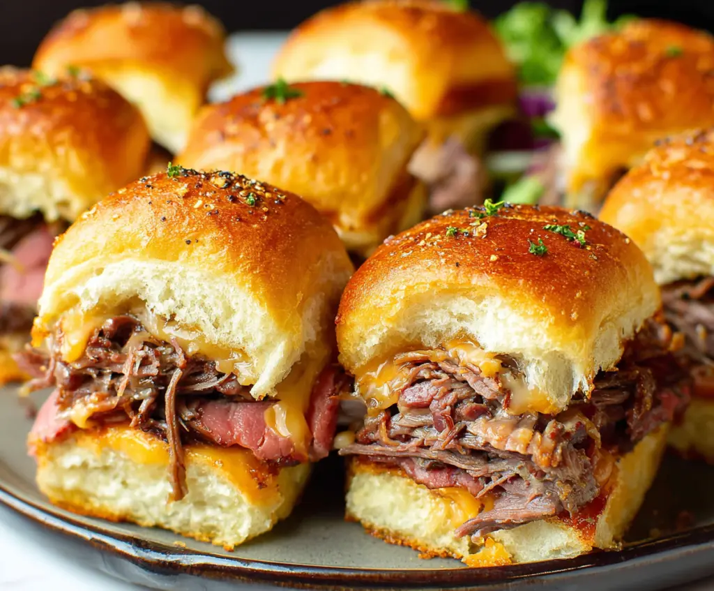 Delicious roast beef sliders with melted cheese and fresh herbs served on mini buns.