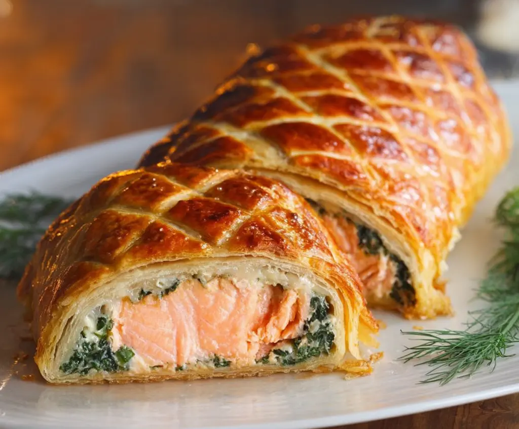 Delicious Salmon Wellington recipe with flaky pastry and fresh salmon fillet ready to serve.