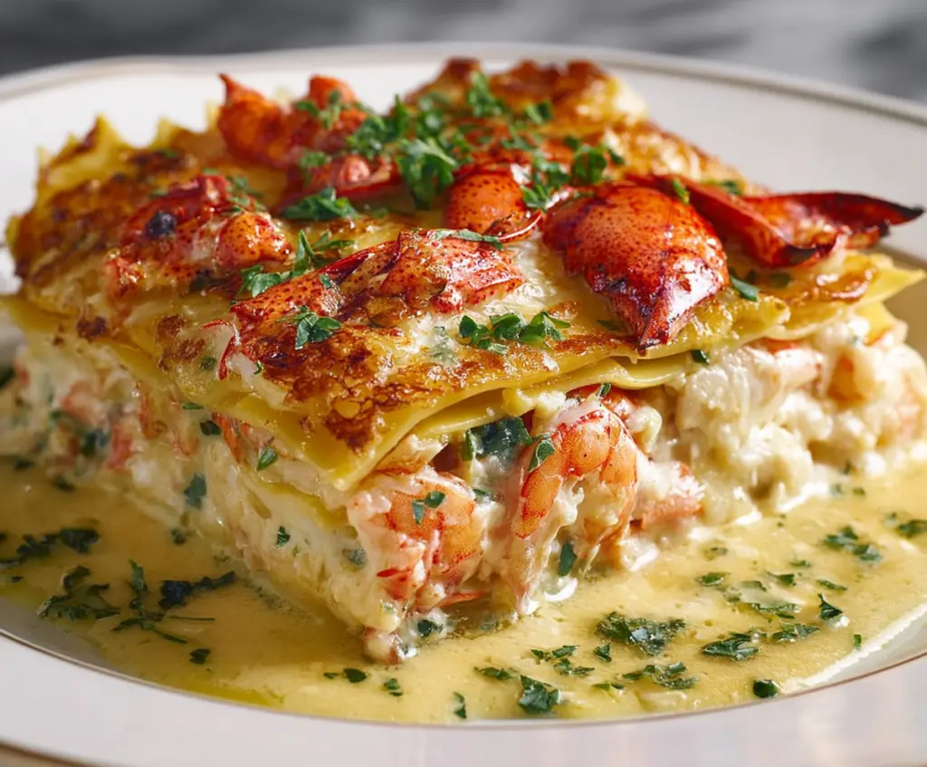 Delicious seafood lasagna featuring lobster and shrimp, topped with melted cheese and fresh herbs.