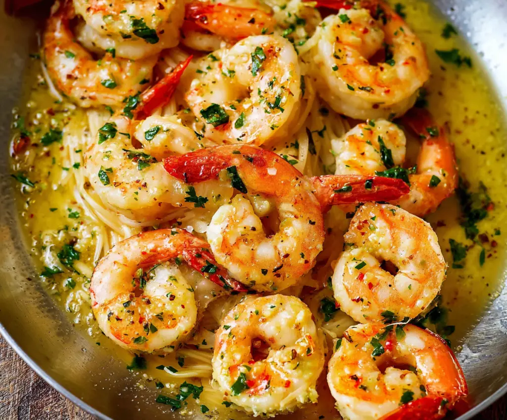 Delicious Shrimp Scampi with Garlic Butter served on a plate, garnished with fresh herbs
