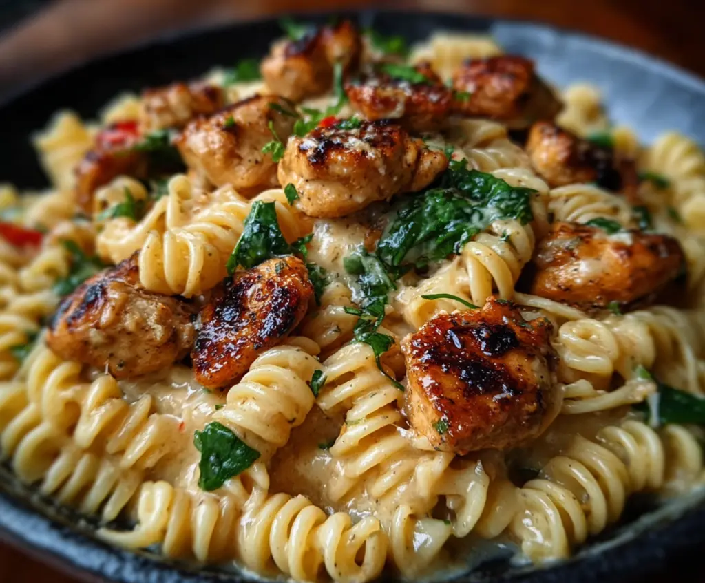 Delicious smoky garlic butter chicken pasta garnished with fresh herbs on a white plate.