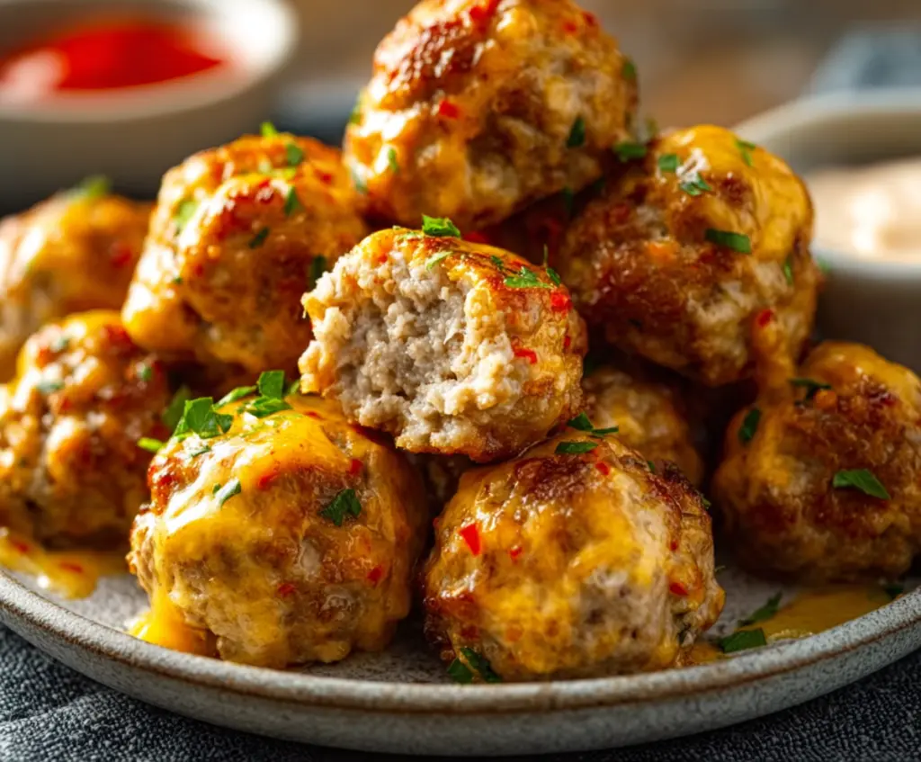 Delicious spicy Rotel cream cheese sausage balls on a serving plate, perfect for snacks or parties.