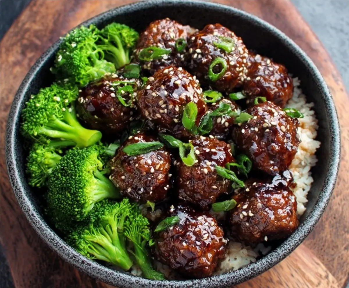 Easy Sticky Mongolian Meatballs & Broccoli