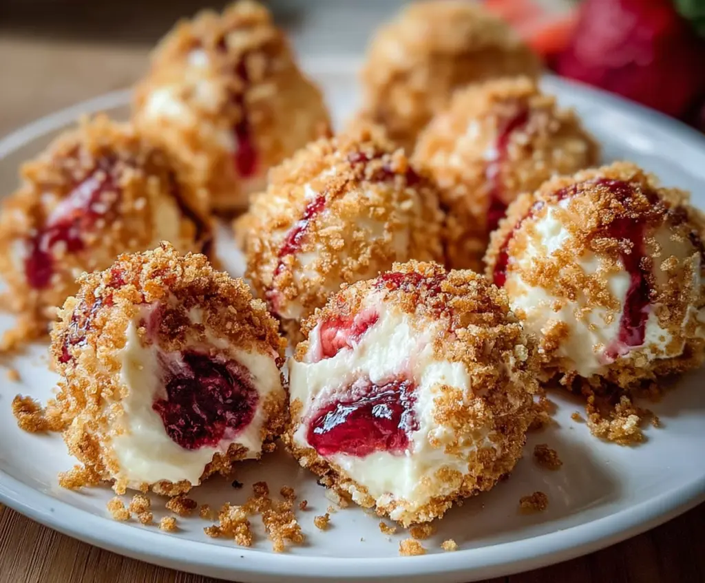 Delicious Strawberry Cheesecake Crunch Bites with fresh strawberries and creamy cheesecake filling.