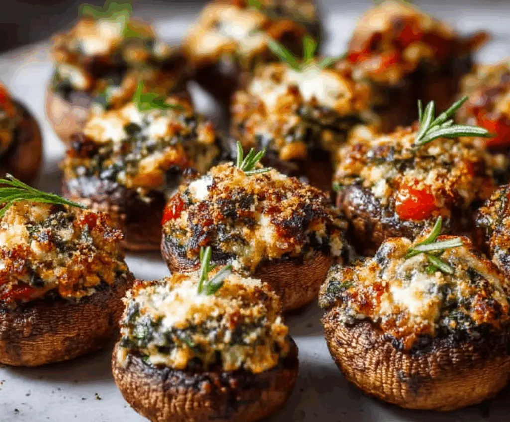 Delicious stuffed mushroom caps filled with cheese and herbs, perfect as an appetizer.