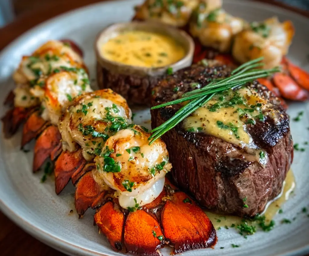 Delicious surf and turf recipe featuring perfectly cooked steak and succulent lobster tails.