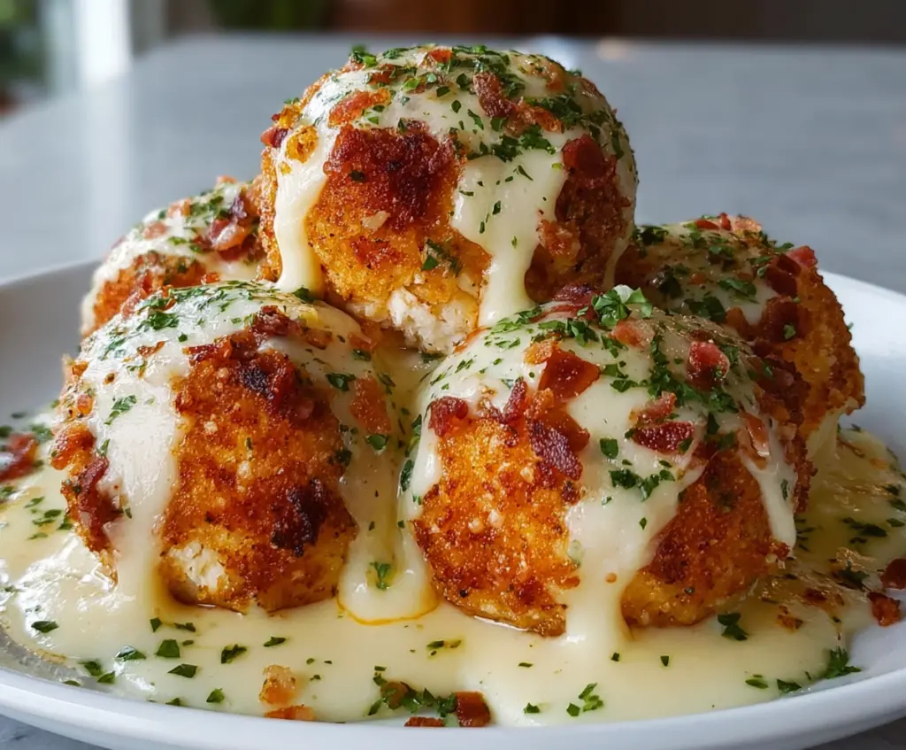 Delicious Buffalo Chicken Bacon Mozzarella Bombs on a serving platter with melted cheese and crispy bacon.
