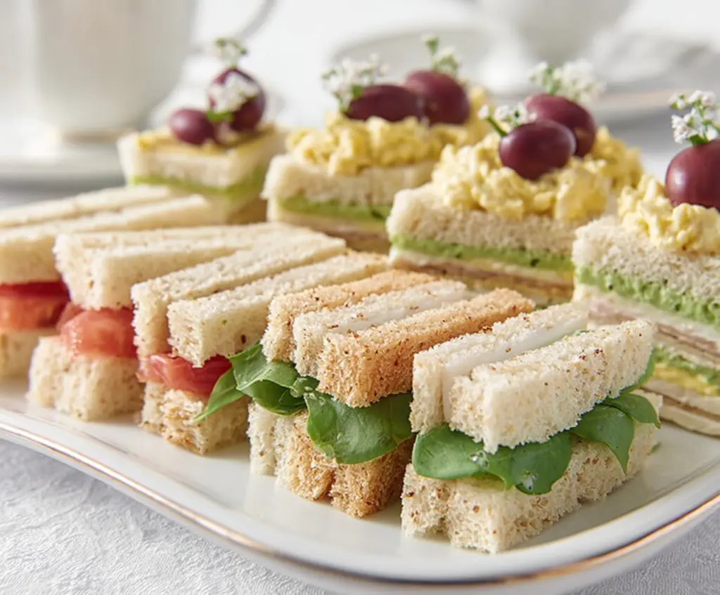 Delicious assortment of tea sandwiches with fresh bread and assorted fillings for a elegant tea party