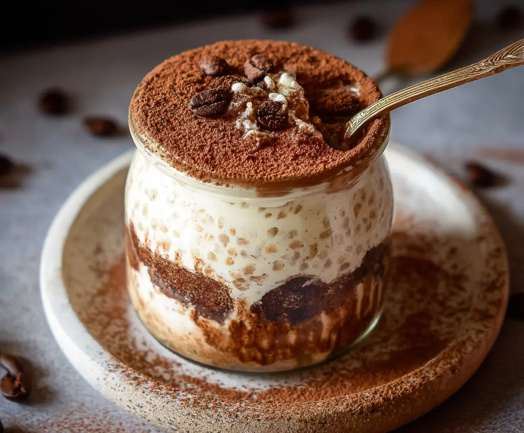 Delicious Tiramisu Overnight Oats in a glass jar topped with cocoa powder and coffee beans.