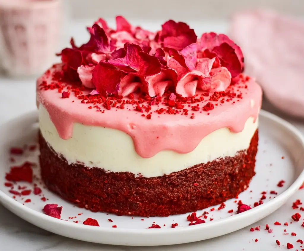 Delicious Valentine Red Velvet Truffle Cake with rich red color and creamy frosting, perfect for romantic celebrations.