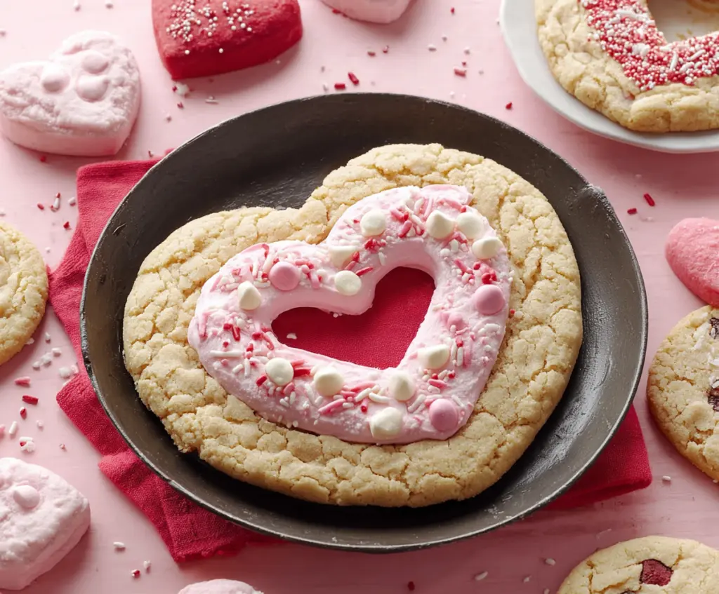Delicious Valentine’s Day Heart Skillet Cookie with melted chocolate and romantic presentation