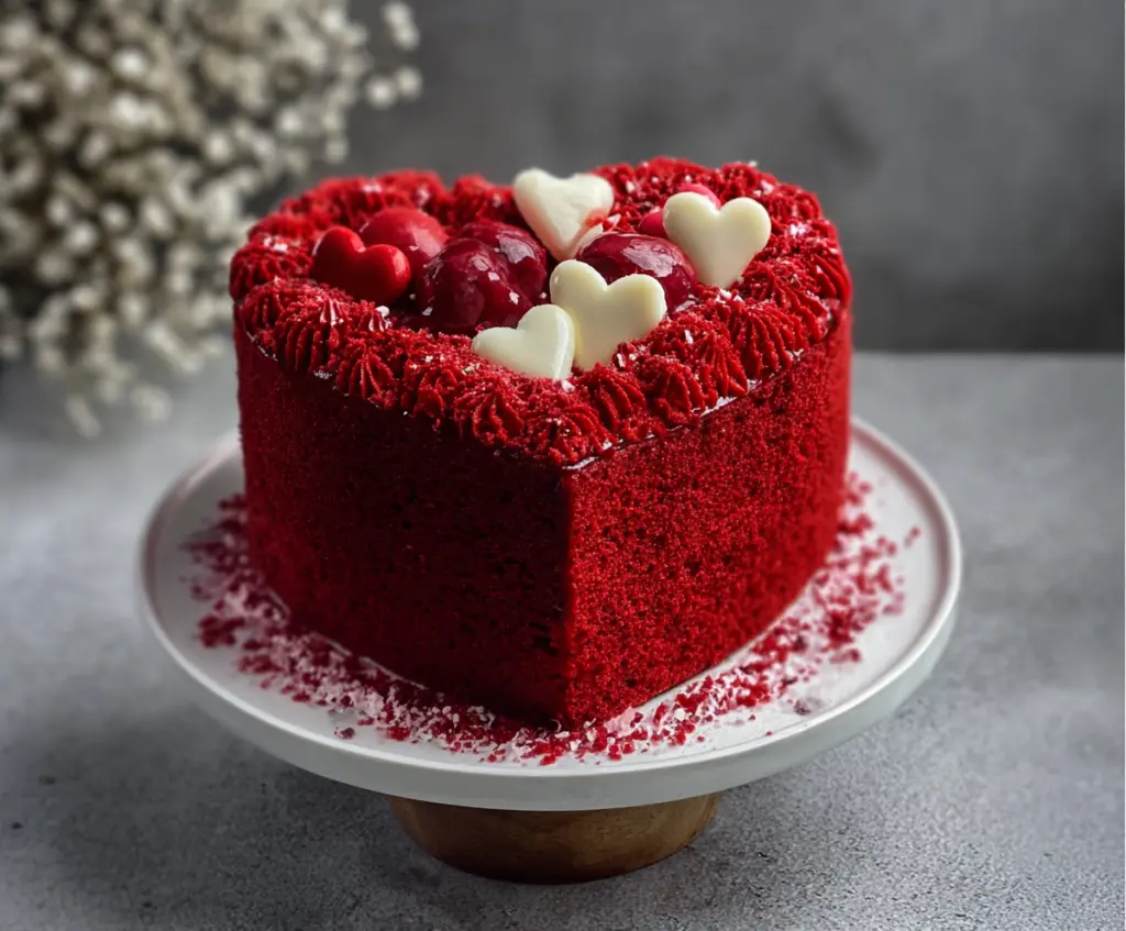 Delicious Valentine's Heart Red Velvet Cake with cream cheese frosting, perfect for romantic celebrations.