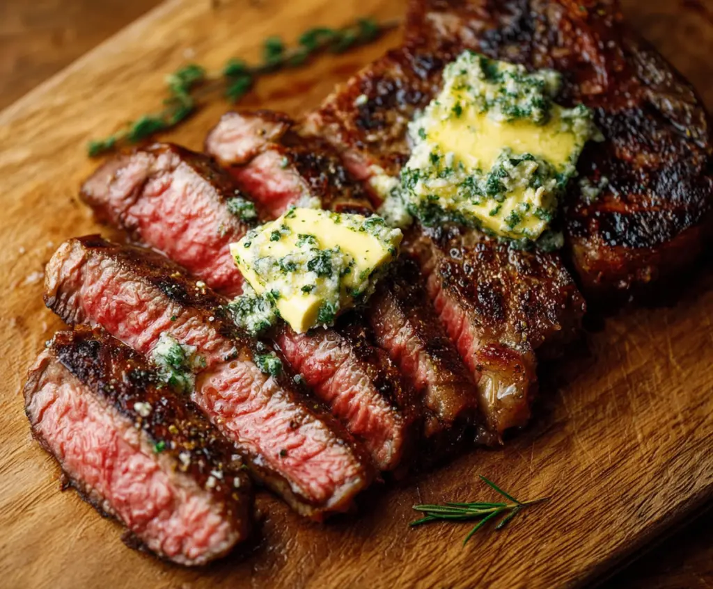 Juicy Wagyu steak topped with melt-in-your-mouth garlic butter, served on a stylish plate.