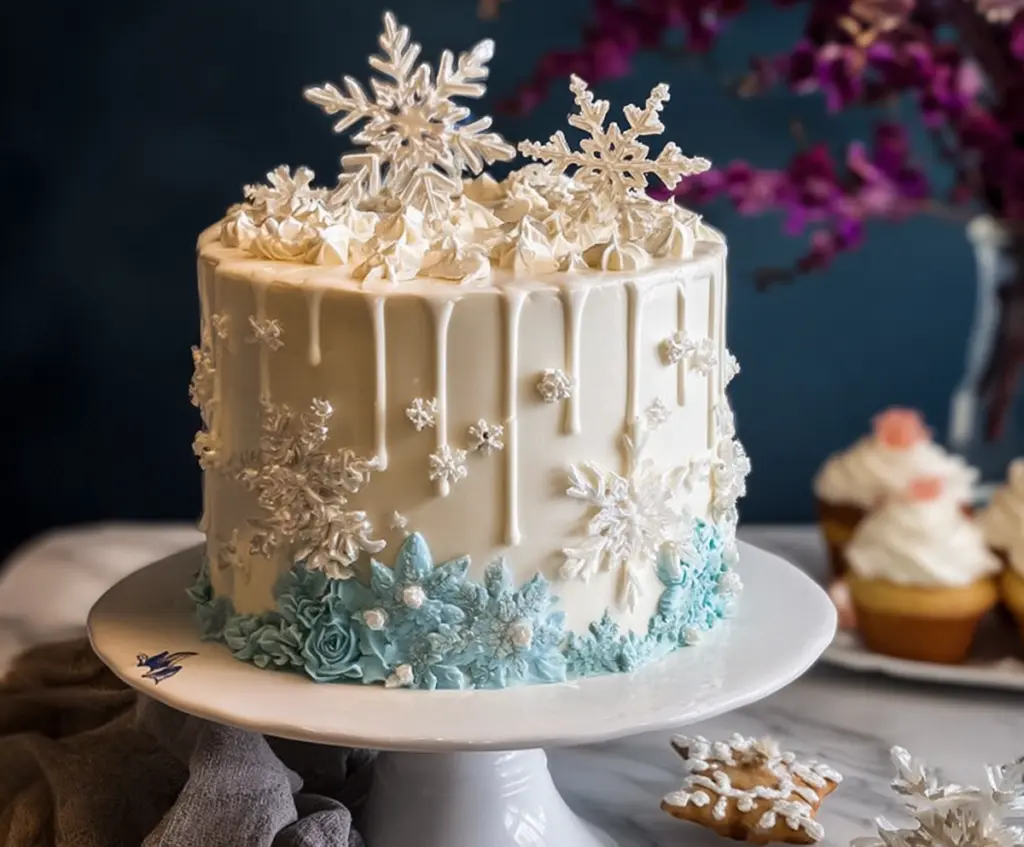 Delicious Winter Vanilla Snowflake Cake decorated with snowflake-shaped icing for a festive holiday dessert