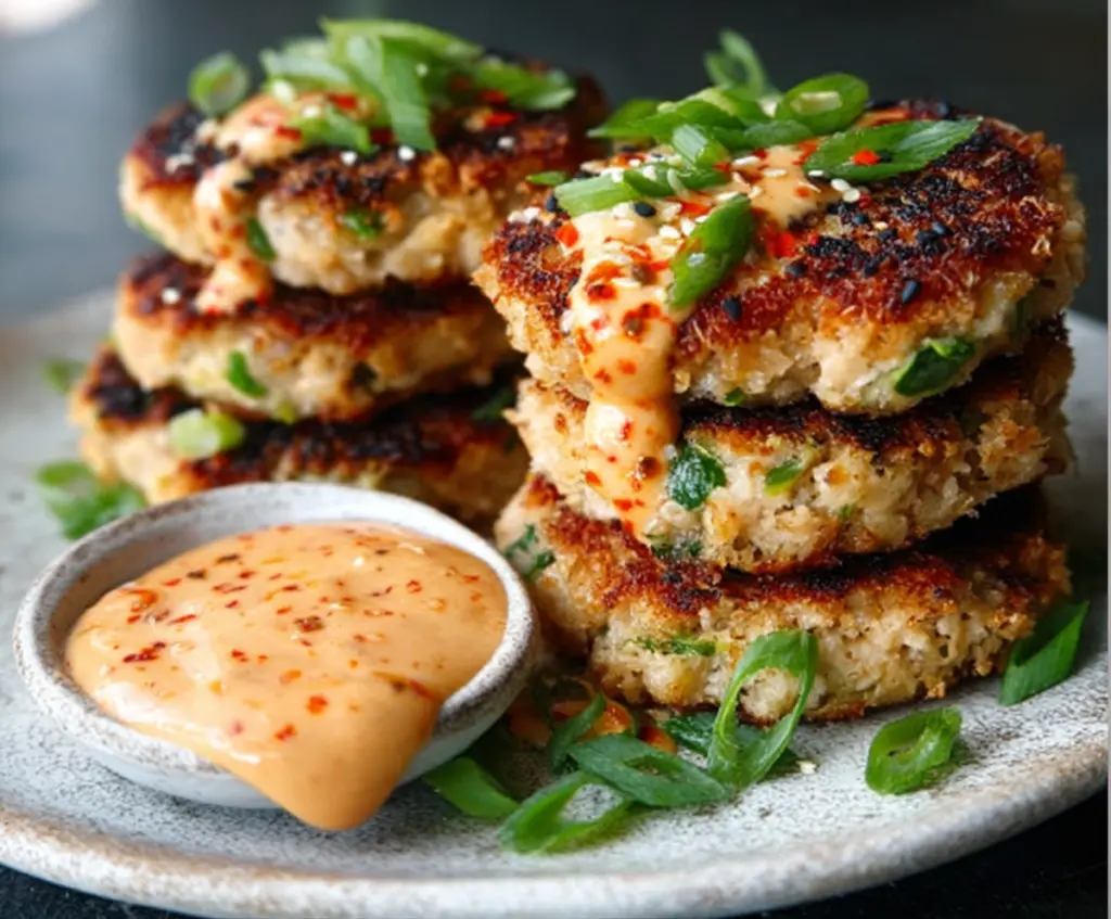 Delicious Asian-Style Tuna Cakes garnished with herbs and served with a spicy mayo dipping sauce.