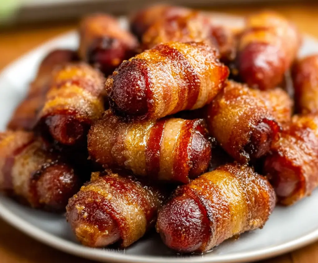 Bacon wrapped little smokies appetizer with crispy bacon and savory sausages on a platter.