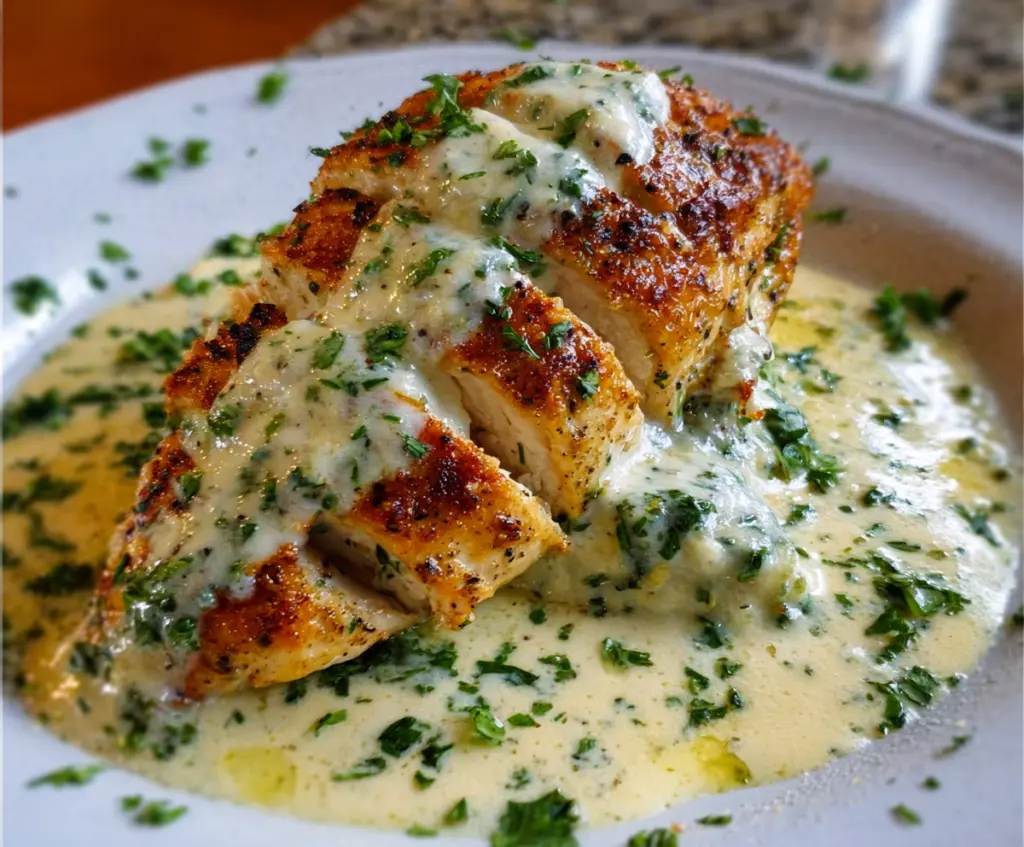 Delicious Baked Caesar Chicken topped with creamy Parmesan sauce on a serving plate.