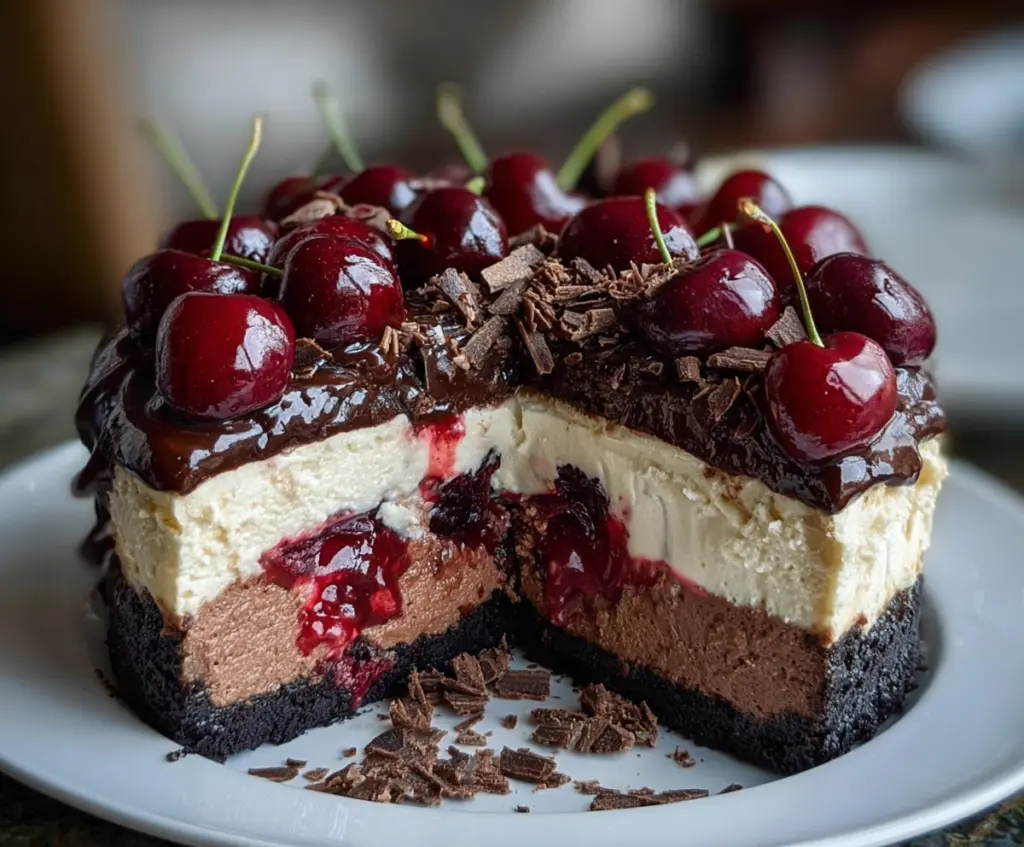 Delicious Black Forest Cheesecake topped with cherries and chocolate shavings